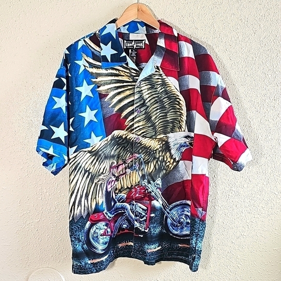 Steve & Barry's Patriotic Eagle Motorcycle Short Sleeve Button-Down Shirt. - Picture 1 of 6